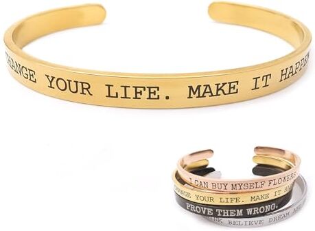 ALMENDRA Bracciale da donna uomo personalizzato con frase incisione nome rigido in acciaio personalizzabile amiche braccialetto regalo (Oro)