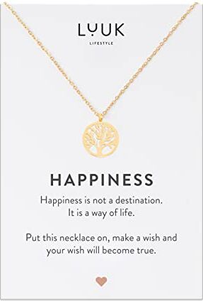 LUUK LIFESTYLE Collanina da donna in acciaio inossidabile con ciondolo Albero della vita e dedica HAPPINESS, stile chic ed elegante, accessorio per lei, oro