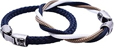 L4K3 (2 Pezzi) Bracciale Uomo Donna in Corda Nautica Intrecciato e Lavorato a Mano con Chiusura in Argento Antico, Impermeabile e Anallergico Made in Italy (bianco-gold-blu, 19 cm)