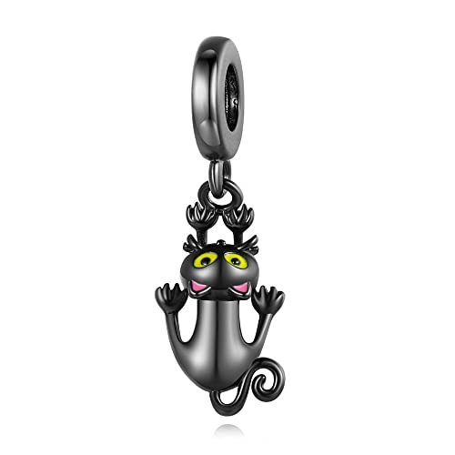 BEEUVIP Black Naughty Cat Dangle Charm per bracciali, ciondoli in argento 925, perline per collane, per la festa della mamma, compleanno, regalo di Natale