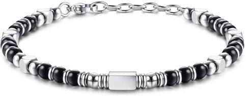 LOLIAS Bracciale Perline per Donna Uomo Bracciali dell'Amicizia con Perline di Ossidiana Bracciale Acciaio Donna Uomo Regali per Donna Gioielli Bracciale Argento 4MM