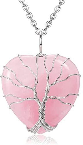 RIXERKOC Collana di cuore di cristallo di quarzo rosa naturale Albero della vita Ciondolo di pietra del cuore avvolto a filo Gioielli di quarzo energetico e pietra curativa per donne ragazze