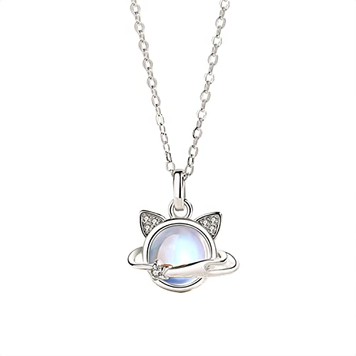 Bellitia Jewelry Collana con ciondolo pietra di luna in argento sterling 925 placcato platino per donna, collana con motivo gatto cosmico con catena clavicola