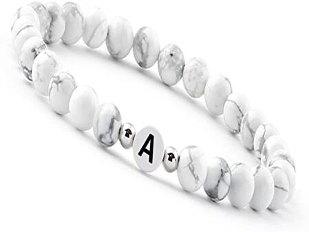 GD GOOD.designs EST. 2015 Bracciale di perline Lettera I Perline bianche del braccialetto del nome con autentiche pietre di Howlite I Braccialetto di perline personalizzato con iniziali I Braccialetto fatto a mano