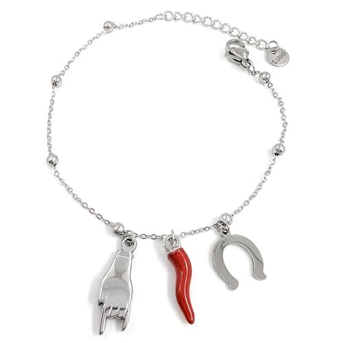 Generico Bracciale Portafortuna da Donna, Regolabile con Perline e Ciondoli, Charm Amuleti Corna, Cornetto Rosso, Ferro di Cavallo, Color Argento