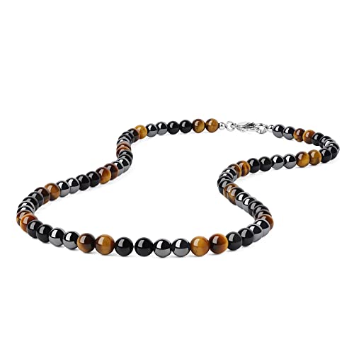 GAVU Collana da Uomo in Pietre e Cristalli Curativi con Perline 6mm di Ematite Occhio di Tigre e Ossidiana 55cm