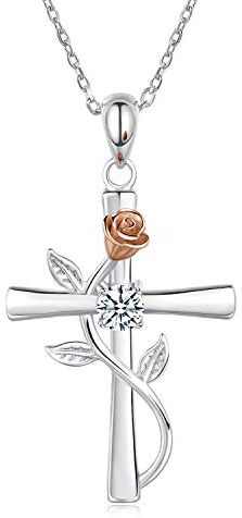 BlingGem Collane da Donna in Argento Placcato Oro Bianco con Zirconia Cubica Rotonda Croce Religiosa Rosa Fiore Pendente Catena Regolabile,48 cm