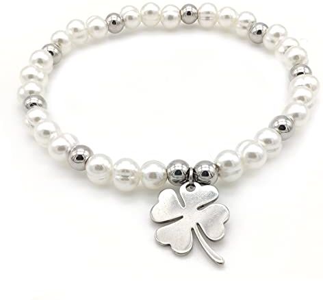 Generico Bracciale Quadrifoglio Portafortuna da Donna Catena di Perline con Charm Bianco e Argento (#1 Quadrifoglio)