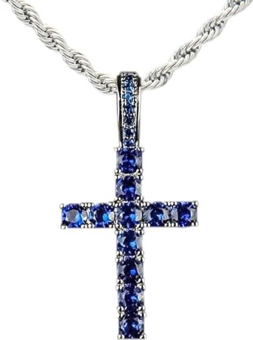 KONFEN Collana Uomo Donna, Croce Collane Girocollo Uomo Acciaio Inox 60cm con Zirconi, Catena Pendente Croce Catenina Rapper, Catenella Acciaio Inossidabile Ciondolo Pendaglio Regalo Ragazzo, Blu