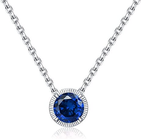 Qings Collane con Zaffiro Blu Settembre per Donna Settembre Ciondolo con Birthstone Rotonda Blu in Argento Sterling, September Birthstone Necklace