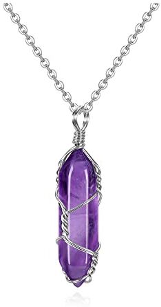 CrystalTears Collana con Ametista argento Ciondolo con pietra preziosa esagonale avvolta in filo Collana con pietra di cristallo di quarzo naturale Gioielli per donna