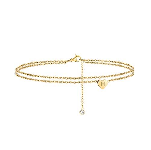 TINGN Cavigliere a Strati di Cuore d'oro per Donna, Cavigliera Iniziale a Cuore Delicato Riempita d'oro 14k Cavigliere con Lettera Regolabile per Ragazze Cavigliere Gioielli con Iniziale H