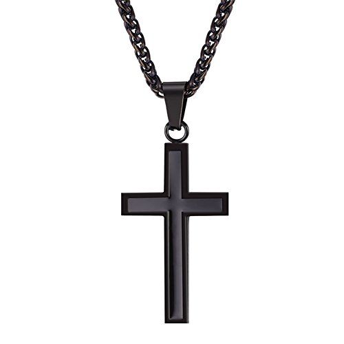 U7 Uomo Collana Pendente Crocifissa Cindolo Croce Semplice Nera, Catena Regolabile, Acciaio Inossidabile, Gioiello Cristiano Cristo Hip Hop Confezione Regalo (Nero)