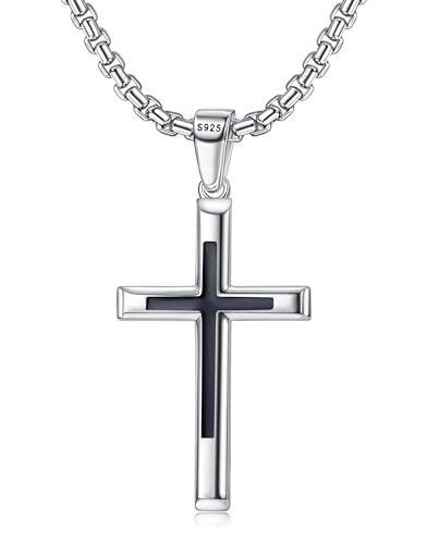 JeweBella Collana Croce Uomo Donna Ciondolo Croce Nera in Argento Sterling 925 con 3MM Largo Catena Veneziana in Acciaio Inossidabile 61CM Argento Religioso Regalo Gioielli