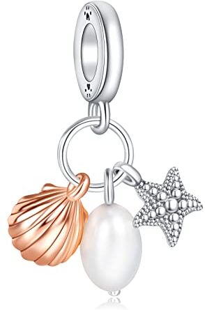 Amuefer Conchiglia Perla Charm Compatibili Bracciale Collana Pandora, Argento Stella Marina Oceano Ciondolo Natale Gioielli Regali per le Donne Ragazza Moglie Amici