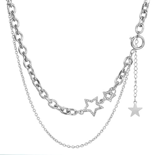 Moguri Collana a doppio strato, impilata, per donne, adolescenti, ragazze, Y2K, in argento, punk, con diamanti asimmetrici