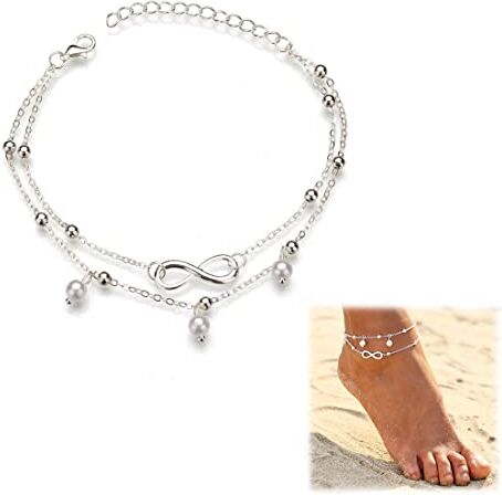 AIQPZ Boho Cavigliera Bracciale cavigliera con perle d'argento Bracciale cavigliere vintage a strati Gioielli con catena a piedi con perline da spiaggia estiva per donne e ragazze