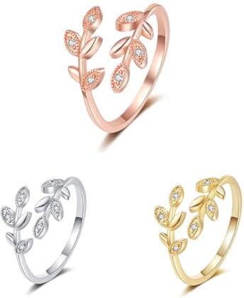 TOFBS 3PCS Anelli Donna Argento Oro Foglia di Olivo Diamante Simulato Zirconi Regolabile Aperto Anello Oro Rosa Gioiello Minimalista Ring Set Anniversario Valentino Compleanno