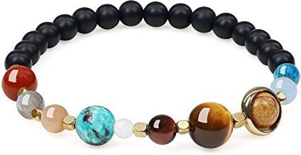 COAI Bracciale Unisex in Onice Opaca con Pianeti del Sistema Solare, Bracciale Elastico Protettivo in Pietre Naturali Benefiche Taglia S