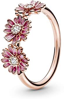 PANDORA Garden Pink Daisy Flower Trio 14k rose gold-plated ring with clear cubic zirconia and shaded pink enamel, 52