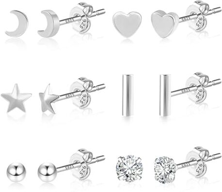 Ash 6 Pezzi Orecchini Donna Set Argento Sterling Sterlina 925, Orecchini Piccoli Perno, Orecchini a Cerchio con Zirconi Cubici, Orecchini cuore Donna di Piccola Cartilagine Ipoallergenico earrings