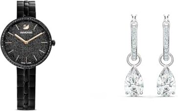 Swarovski Cosmopolitan Orologio, con Cristalli e Bracciale di Metallo, Finitura in Nero, Meccanismo al Quarzo, Nero & Orecchini Pendenti Attract, Taglio Pear, Bianchi, Placcato Rodio