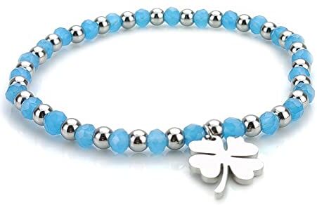 SAGA GIOIELLI ® Bracciale Donna Cristalli Quadrifoglio Portafortuna Acciaio (TURCHESE)