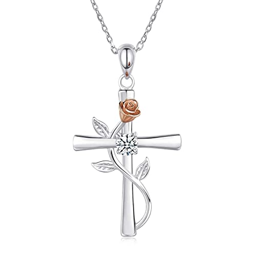 Dishowme Collana con ciondolo a croce rosa Collana con crocifisso a foglia di fiore di cristallo Gioielli con croce cristiana religiosa per donne ragazze adolescenti (Bianco)