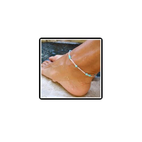 Dishowme Bracciale cavigliera con perline turchesi Cavigliera con perline bohémien Cavigliera estiva da spiaggia Gioielli per donne e ragazze (Argento)