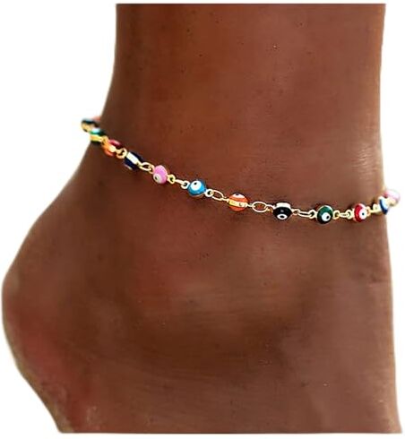 Dishowme Bracciale cavigliera occhio diabolico Boho Cavigliera occhio turco multicolore Occhio azzurro Catena piede estivo Gioielli per donne Ragazze (Oro)