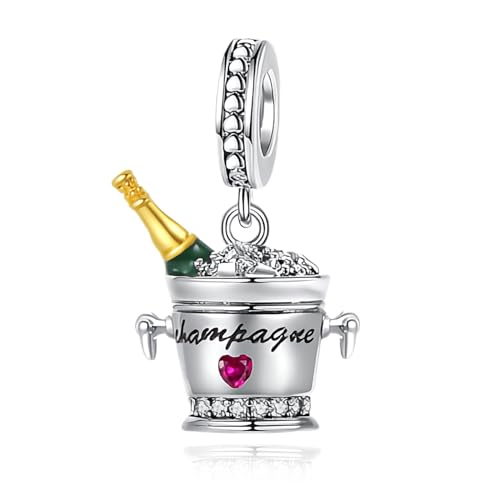 Amuefer Champagne Charm Compatibili Bracciale Collana Pandora, Argento Sterling Ciondolo Compleanno Natale Gioielli Regali per le Donne Moglie Amici