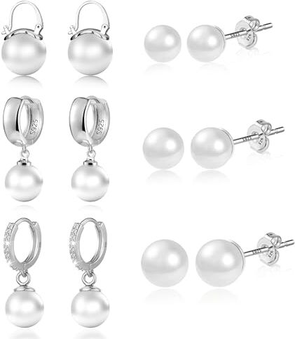 Ash 3 paia Orecchini di Perle da Donna in Argento 925 Orecchini set, Orecchini di Perle Sfera Rotonda, perle bianche, Perla Semplici Borchie D'acqua Dolce Orecchini di Perle set per donne, ragazze