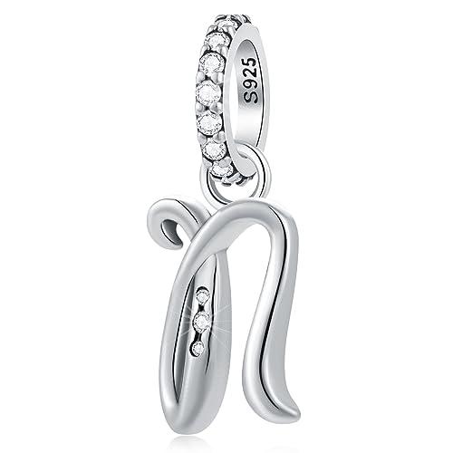 GLOWDAS Lettera N Charms Alfabeto Ciondolo, 925 Argento Sterling Iniziale n Pendente CZ Perlina Fit Pandora Nome Collana Braccialetto con Letra, Regali per Nana/Novembre Compleanno/Infermiera/Nipote