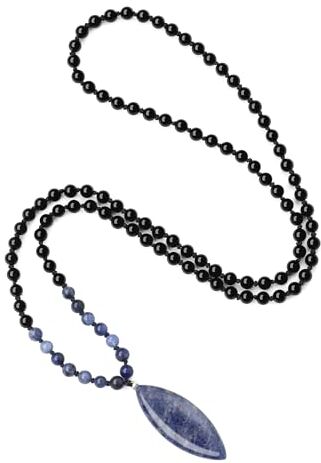 COAI Collana Rosario Mala 108 Perle di Pietre Naturali Onice Nero e Sodalite Annodate a Mano con Ciondolo Foglia di Sodalite