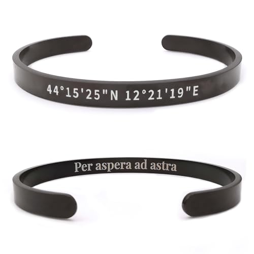 ALMENDRA Bracciale coordinate geografiche personalizzato da uomo primo bacio con incisione nascosta rigido acciaio personalizzabile regalo scritta nome (Nero)