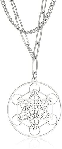 SIPURIS Metatron Collana a forma di cubo per uomo e donna, con ciondolo a forma di angelo, per uomo, in acciaio inossidabile, geometria scavata e ciondolo con amuleto