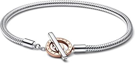 PANDORA Signature Bracciale a moschettone con logo a T bicolore in argento sterling e placcato in oro rosa 14k, 20