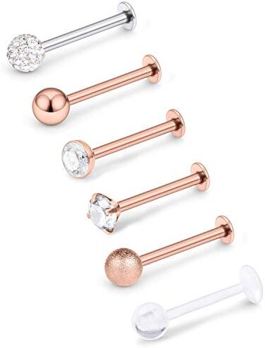 Mayhoop 6 Pezzi 16G Piercing Trago Helix in Acciaio Chirurgico Palla CZ Anelli al Labbro Helix Trago Cartilagine Orecchino Piercing del Corpo Oro Rosa