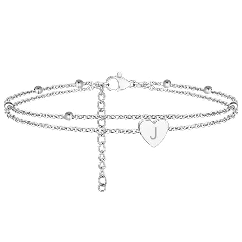 Aucuu Cavigliera Cuore da Donna, Catenina da Caviglia Cuore Lettera, Cavigliera Regolabile 27cm, Bracciali Caviglia in Acciaio Inox, Cavigliere Estive da Spiaggia,Cavigliera a Strati per Donne Ragazze