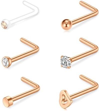 NIUSIMAN 20G piercing naso oro rosa forma L Piercing naso acciaio chirurgico brillantino Piercing naso dorso piatto palla cuore Gioielli Anello con borchia sottile a forma di l piercing per naso