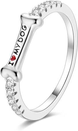 NARMO 925 Argento Sterling Cubic Zirconia Anello Lettering Amo il mio cane Anello osseo personalizzato per le donne Ragazze Anelli di Dichiarazione Dimensione 14.5