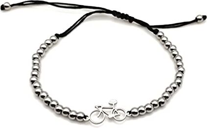 Generico Bracciale Bici Ciclismo da Donna e Uomo   Braccialetto con Ciondolo Sportivo Bicicletta Ciclista Catena con Perline in Acciaio chiusura a Cordoncino Regolabile   Colore Argento e Nero