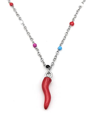 Generico Collana Cornetto Portafortuna Donna Acciaio, Catenina Catena Colorata con Ciondolo Pendente Peperoncino Corno Rosso, Gioielli per Donne e Ragazze Colore Argento