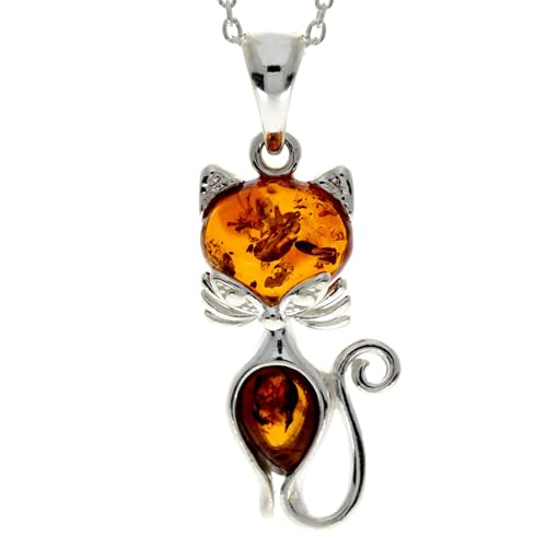 SilverAmber Jewellery – Vera ambra baltica & ciondolo gatto in argento sterling senza catena – GL2011, Argento sterling, Ambra miele