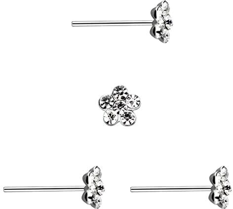 DENI 3 orecchini naso bastone dritto in argento a forma di fiore composto da 6 pietre scintillanti 5 mm, Argento sterling