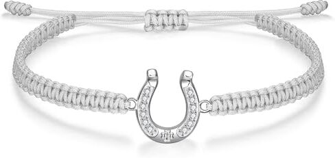 J.Endéar Bracciale Ferro di Cavallo per Donna Argento 925, Bracciale Fatto a Mano Corda Grigia per Ragazze, Gioielli Portafortuna per Adolescenti