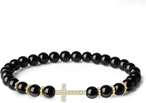 COAI Bracciale da Donna con Perle di Tormalina Nera e Charm Croce S, Bracciale Donna con Croce Bracciale Pietre Naturali