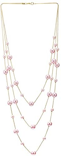 COOLSTEELANDBEYOND Oro Rosa Statement Dichiarazione Collana Tre Filoni Lunga Catena con Rosa Perla Sintetica Perline Pendente