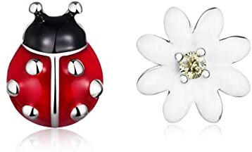 Qings Orecchino Fiore Coccinella Donna in Argento Sterling 925 Orecchino Animale Fiore Margherita Orecchini Asimmetrici Cartilagine Carino Mini per Donne Ragazze Adolescenti