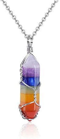 CrystalTears Collana con 7 chakra argento Ciondolo con pietra preziosa esagonale avvolta in filo Collana con pietra di cristallo di quarzo naturale Gioielli per donna